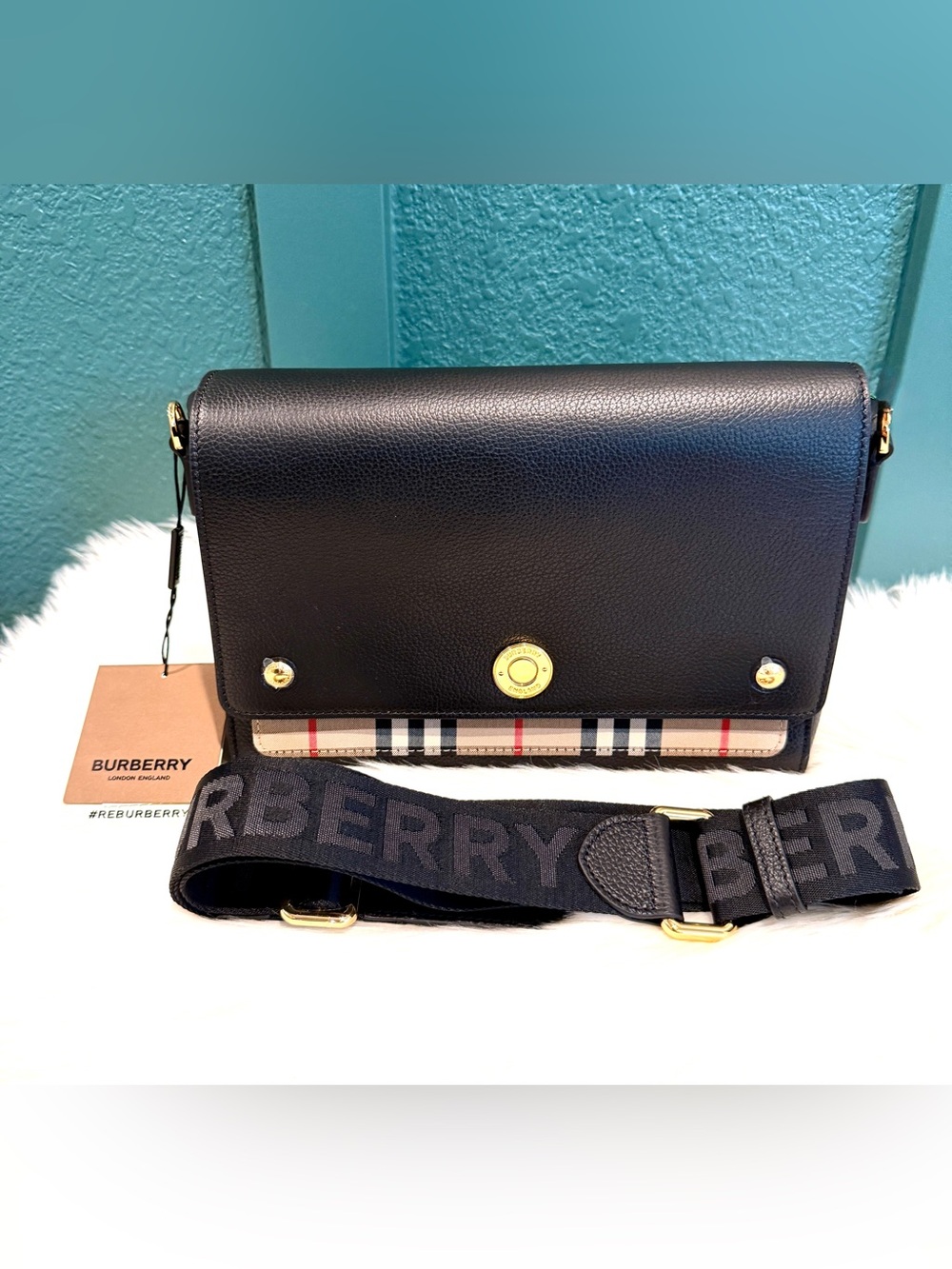 NEW Burberry Vintage Check Note Crossbody Leather Bag